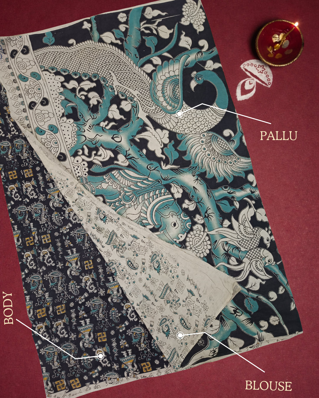 Kalamkari Handcrafted Saree - Rama Blue - Indian Ethnic Wear - close-up detail view | Villows DTrendz