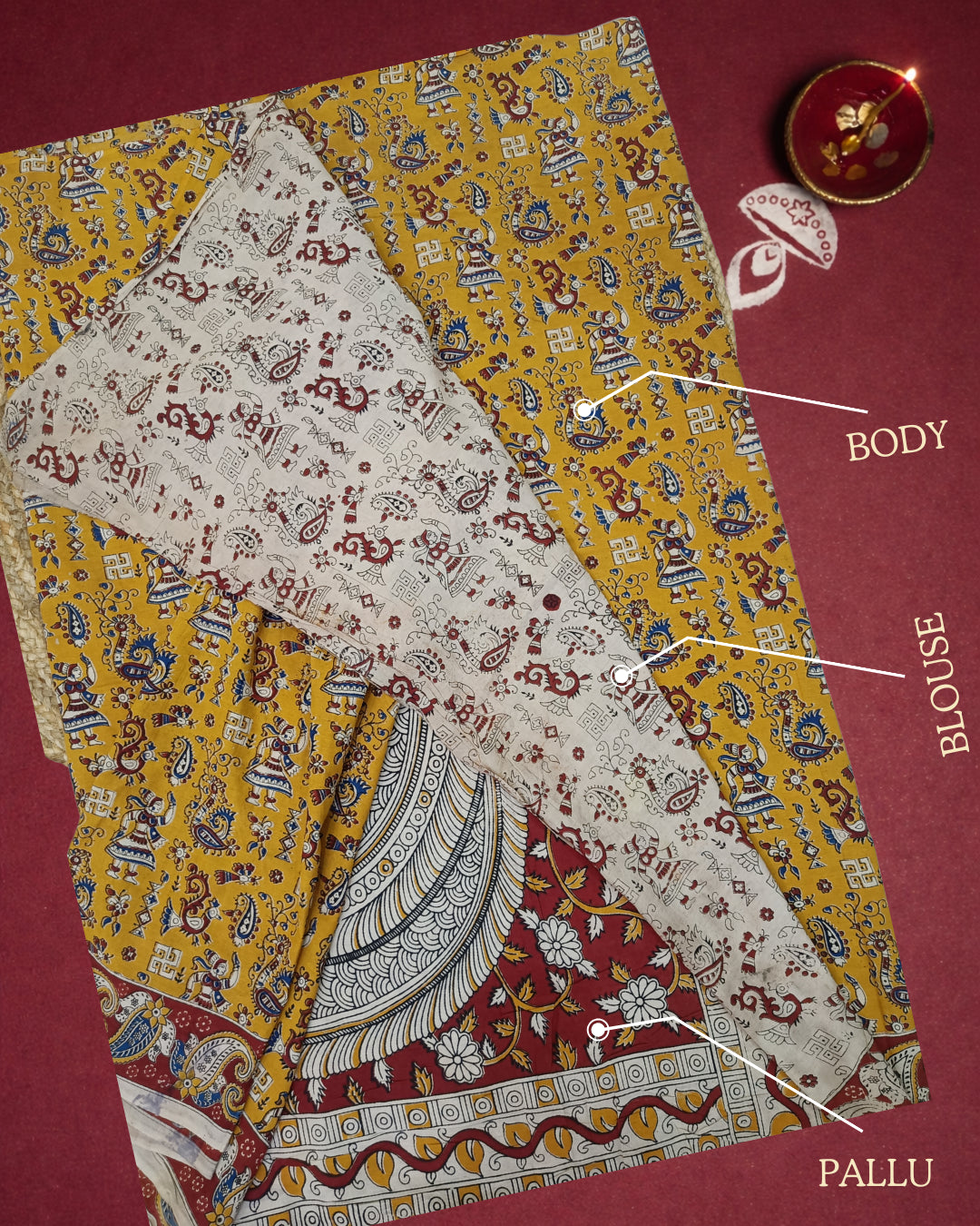 Kalamkari Handcrafted Saree - Yellow - Indian Ethnic Wear - close-up detail view | Villows DTrendz