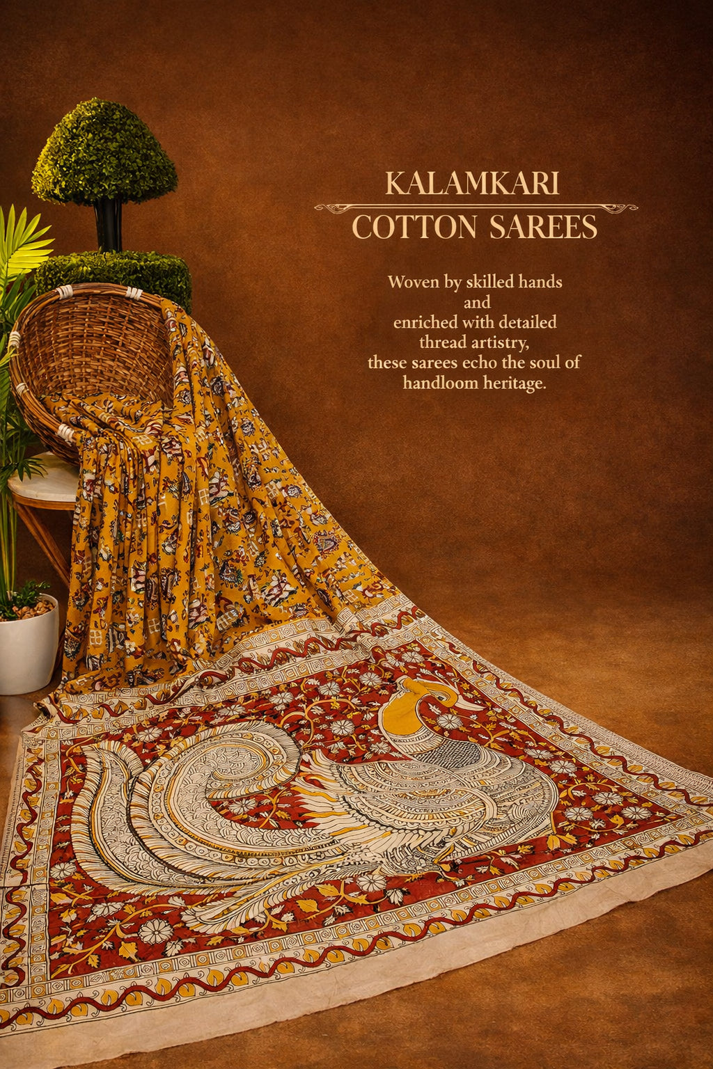 Kalamkari Handcrafted Saree - Yellow - Indian Ethnic Wear - back view | Villows DTrendz