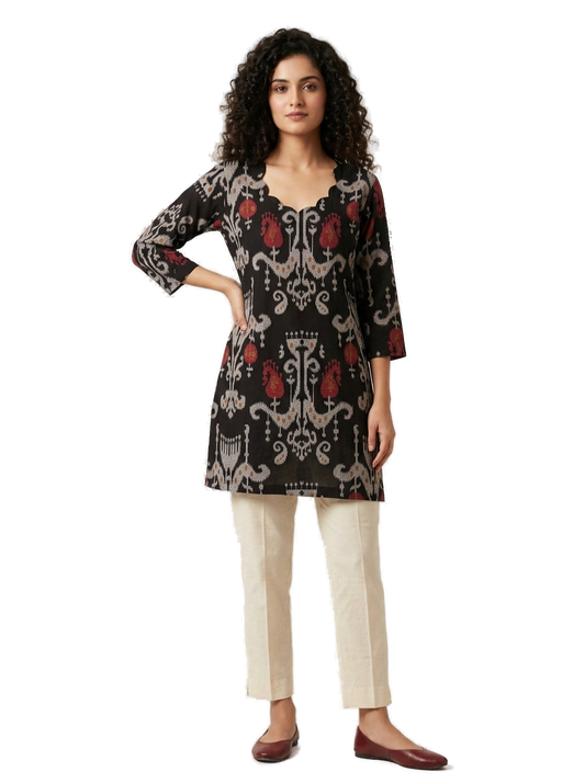 Women’s Black Hand-Painted Kalamkari Short Top Handcrafted Kalamkari Kurti Elegant Ethnic & Casual Wear - Indian Ethnic Wear - front view | Villows DTrendz