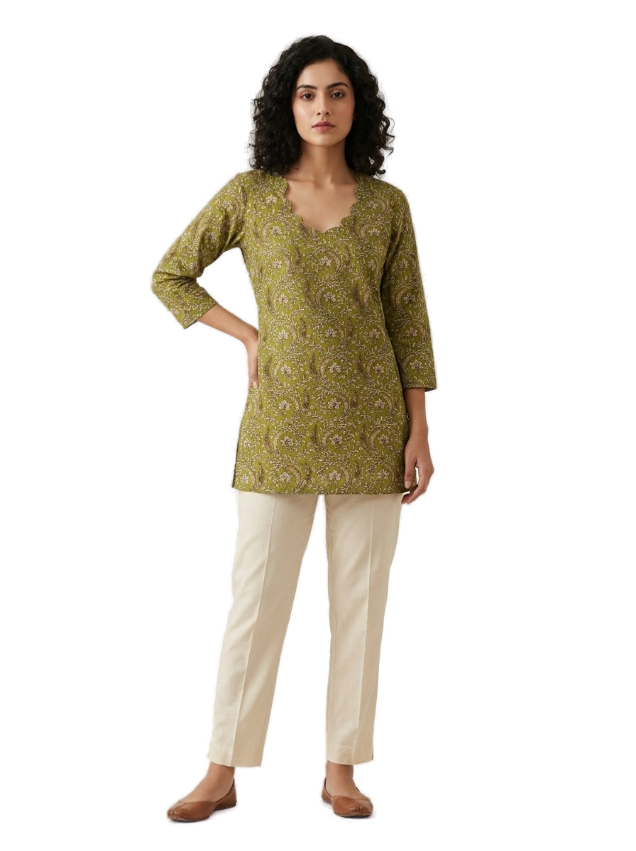 Women’s Olive Green Hand-Painted Kalamkari Short Top Handcrafted Kalamkari Kurti Elegant Ethnic & Casual Wear - Indian Ethnic Wear - front view |...