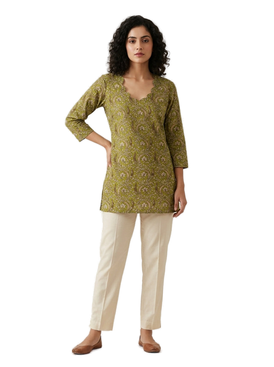 Women’s Olive Green Hand-Painted Kalamkari Short Top Handcrafted Kalamkari Kurti Elegant Ethnic & Casual Wear - Indian Ethnic Wear - front view |...