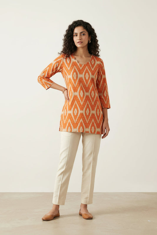 Women’s Orange Hand-Painted Kalamkari Short Top Handcrafted Kalamkari Kurti Elegant Ethnic & Casual Wear - Indian Ethnic Wear - front view | Villows...