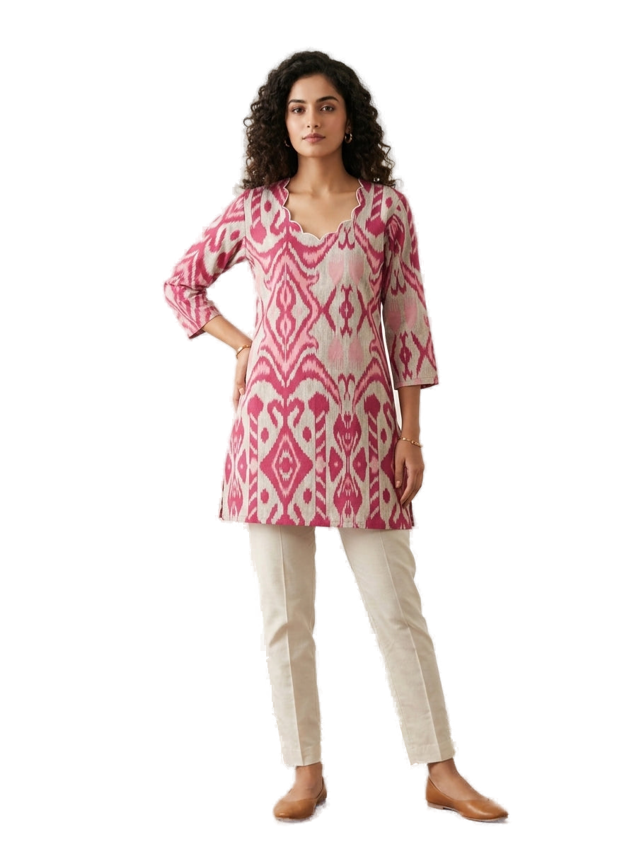 Women’s Pink Hand-Painted Kalamkari Short Top Handcrafted Kalamkari Kurti Elegant Ethnic & Casual Wear - Indian Ethnic Wear - front view | Villows DTrendz