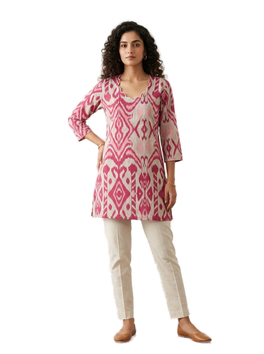 Women’s Pink Hand-Painted Kalamkari Short Top Handcrafted Kalamkari Kurti Elegant Ethnic & Casual Wear - Indian Ethnic Wear - front view | Villows DTrendz