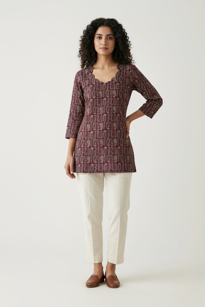 Women’s Wine Hand-Painted Kalamkari Short Top Handcrafted Kalamkari Kurti Elegant Ethnic & Casual Wear - Indian Ethnic Wear - front view | Villows DTrendz