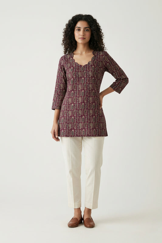 Women’s Wine Hand-Painted Kalamkari Short Top Handcrafted Kalamkari Kurti Elegant Ethnic & Casual Wear - Indian Ethnic Wear - front view | Villows DTrendz