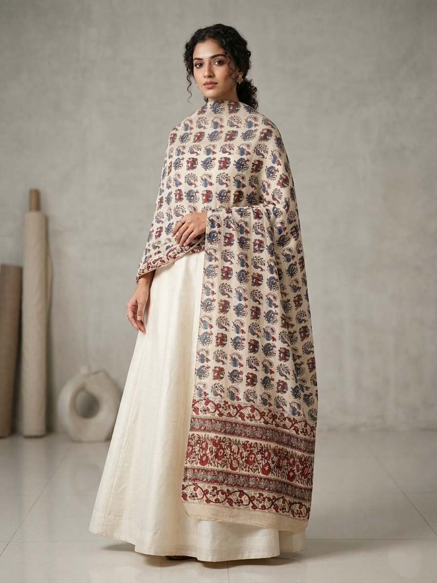 Kalamkari Silk Dupatta - Cream - Indian Ethnic Wear - front view | Villows DTrendz