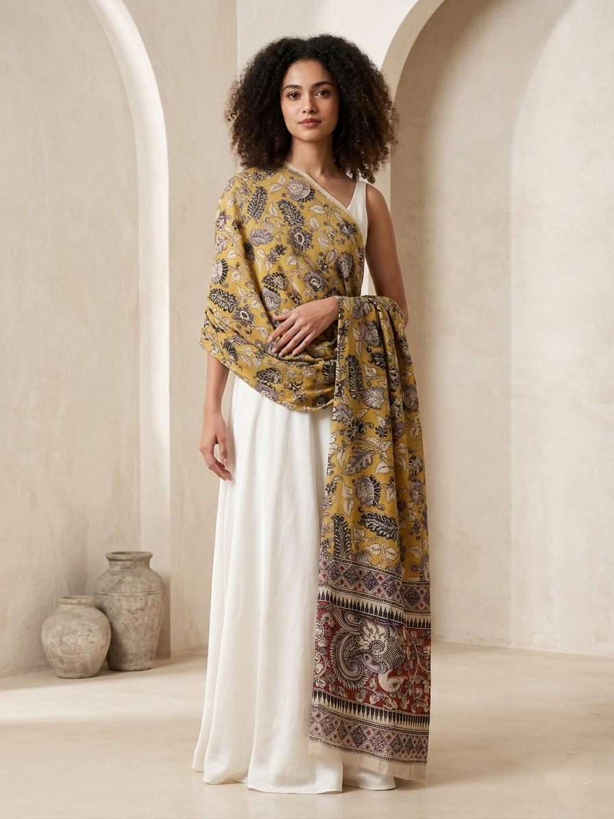 Kalamkari Silk Dupatta - Mustard Yellow - Indian Ethnic Wear - front view | Villows DTrendz