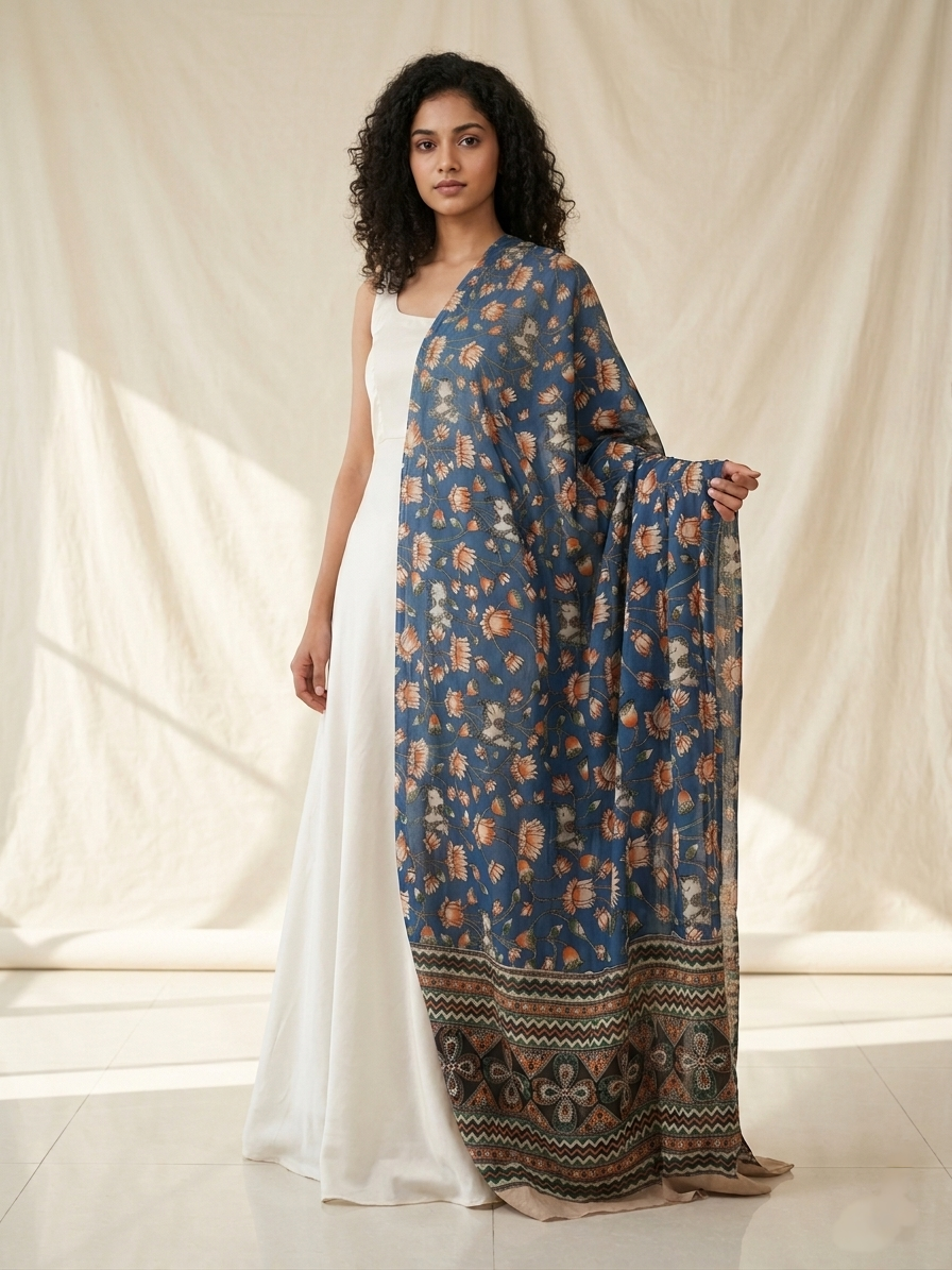 Kalamkari Silk Dupatta - Blue - Indian Ethnic Wear - front view | Villows DTrendz