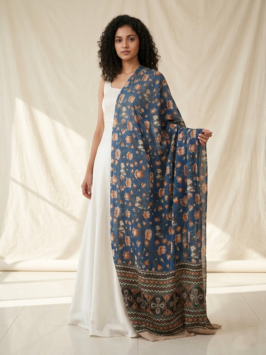 Kalamkari Silk Dupatta - Blue - Indian Ethnic Wear - front view | Villows DTrendz