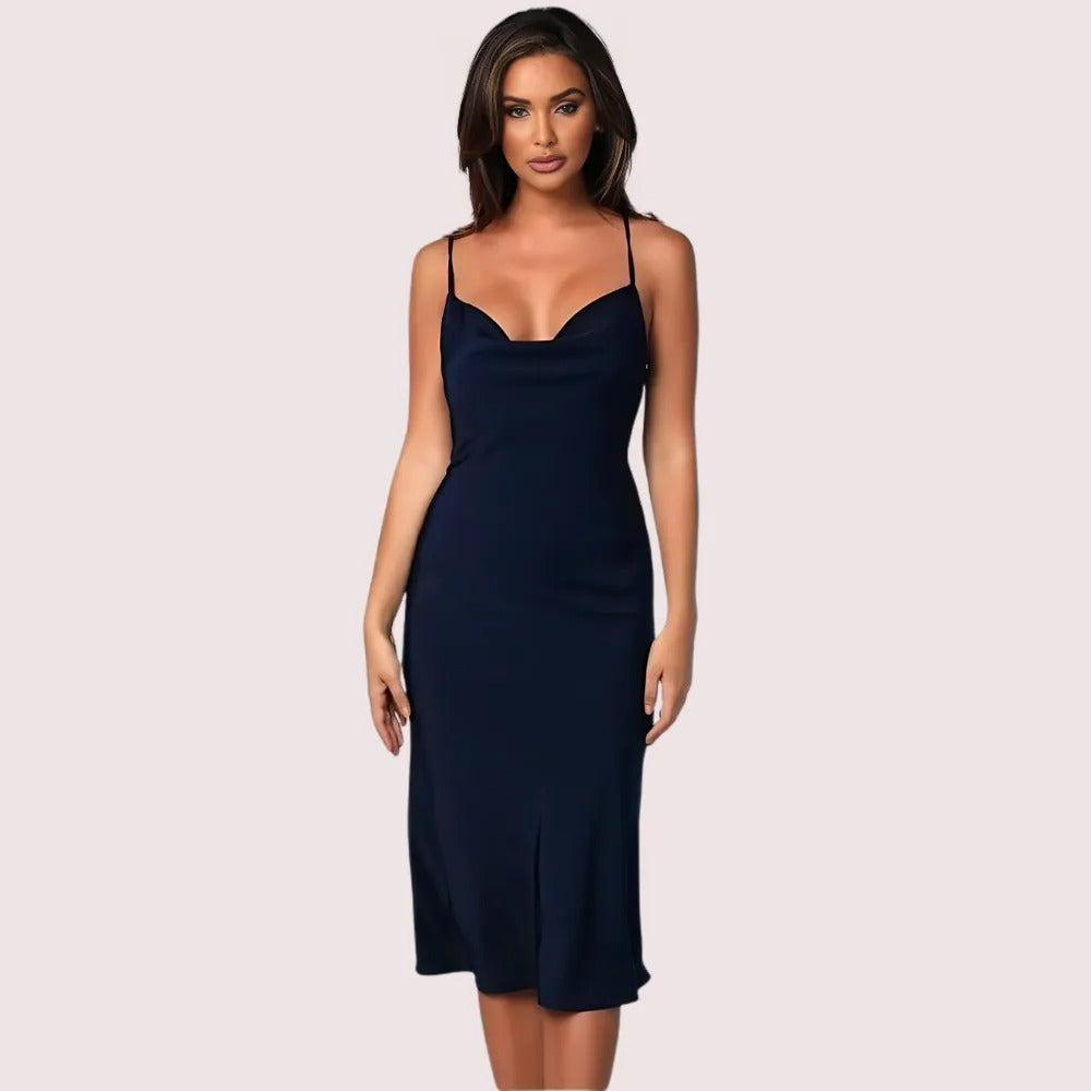 Women's Navy Blue Satin Dress, Chic Navy Evening Wear - Apparel - front view | Snazzyway