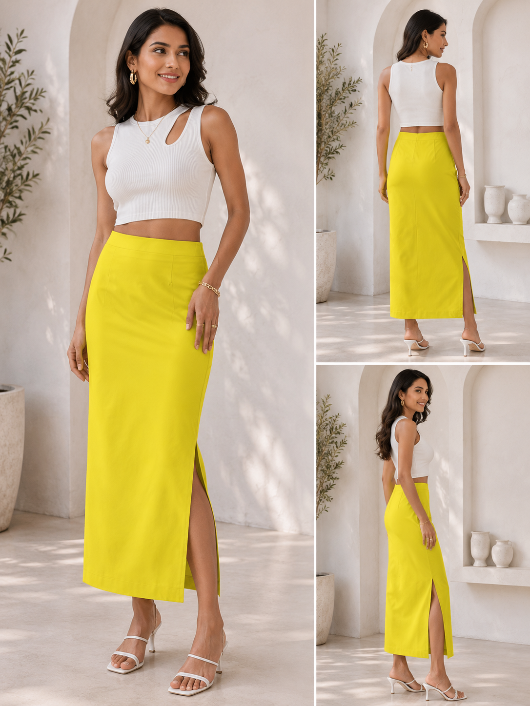 Yellow Stretchable Long Skirt for Women - Western Wear - front view | Qikink