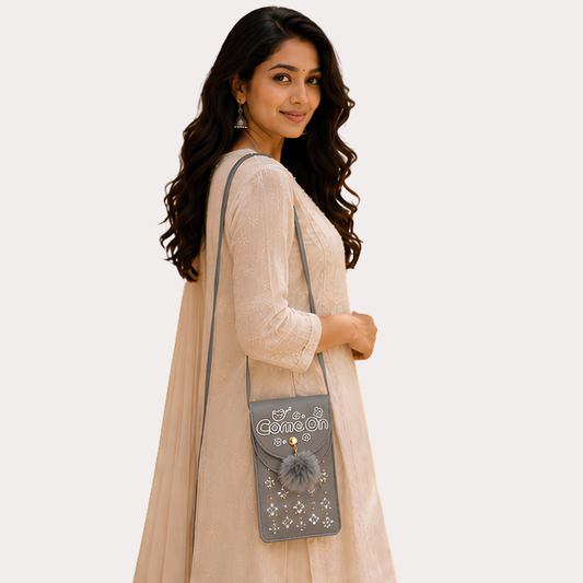 Women's Silver Grey Embellished Sling Bag, Opulent Silver Crossbody Purse - Apparel - front view | Snazzyway