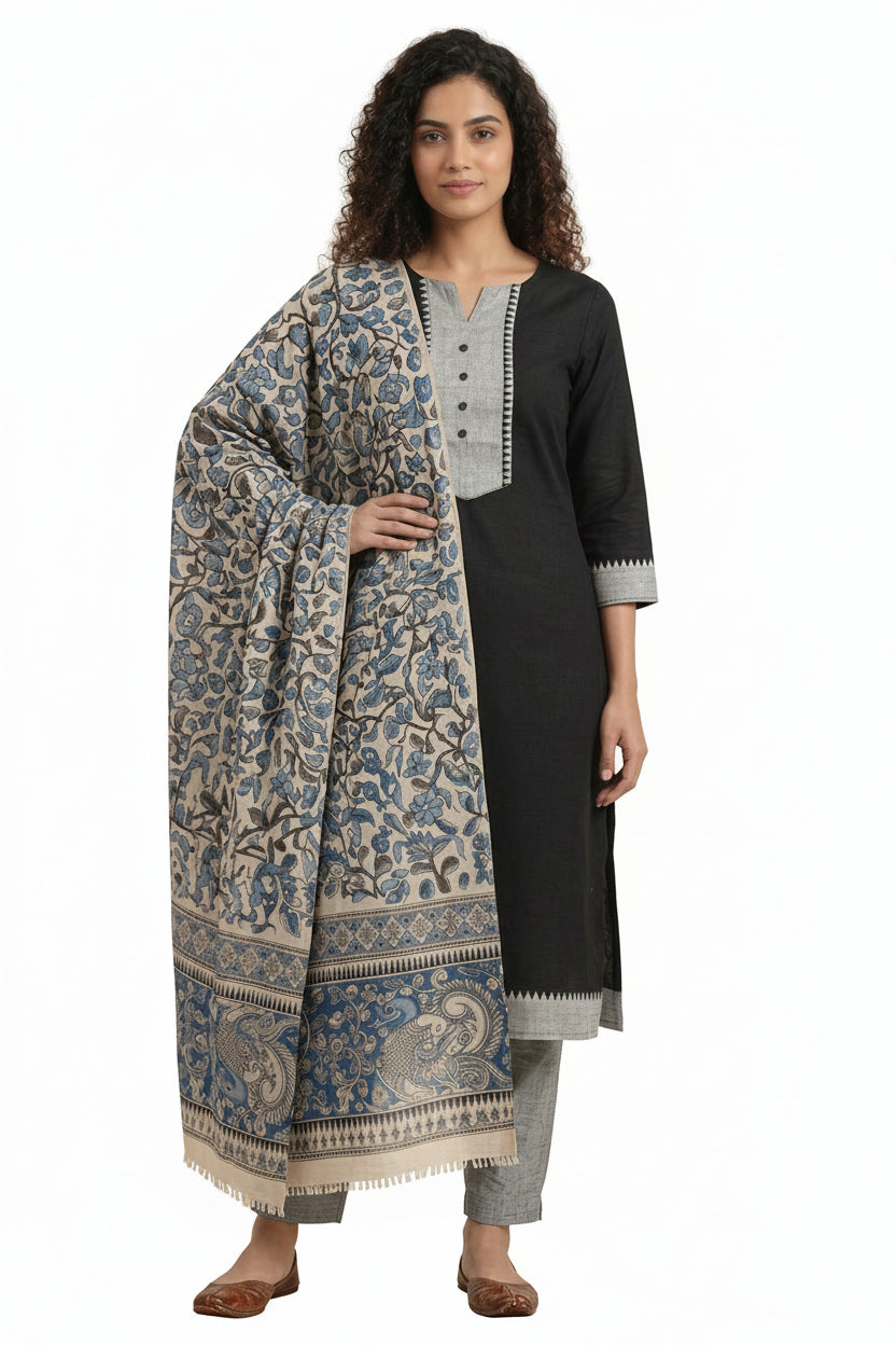 Premium Mangalgiri Chettinad Cotton Kurti Set for Women, 3-Piece Ethnic Kurta Set with Dupatta & Bottom, Elegant South Indian Traditional Wear - Black...