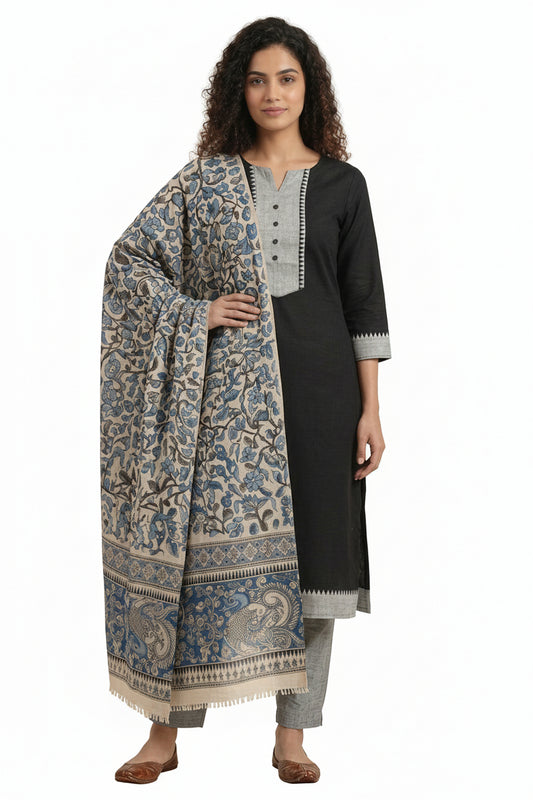 Premium Mangalgiri Chettinad Cotton Kurti Set for Women, 3-Piece Ethnic Kurta Set with Dupatta & Bottom, Elegant South Indian Traditional Wear - Black...