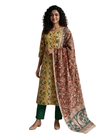 Premium Mangalgiri Chettinad Cotton Kurti Set for Women, 3-Piece Ethnic Kurta Set with Dupatta & Bottom, Elegant South Indian Traditional Wear - Cream...