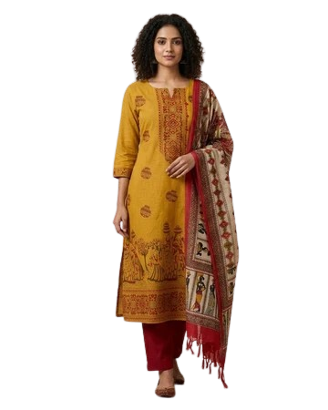 Premium Mangalgiri Chettinad Cotton Kurti Set for Women, 3-Piece Ethnic Kurta Set with Dupatta & Bottom, Elegant South Indian Traditional Wear -...