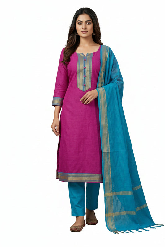 Premium Mangalgiri Chettinad Cotton Kurti Set for Women, 3-Piece Ethnic Kurta Set with Dupatta & Bottom, Elegant South Indian Traditional Wear - Pink -...