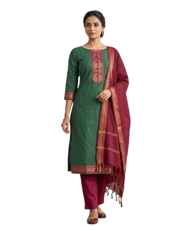 Premium Mangalgiri Chettinad Cotton Kurti Set for Women, 3-Piece Ethnic Kurta Set with Dupatta & Bottom, Elegant South Indian Traditional Wear - Green...