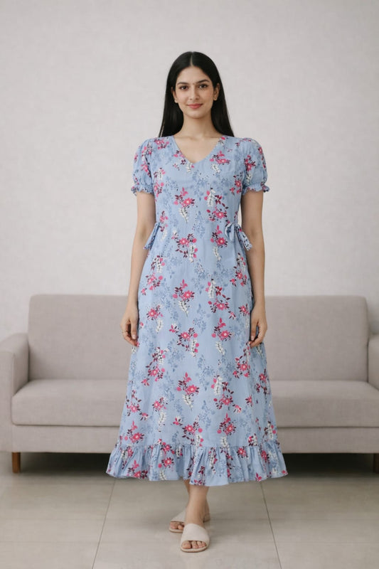Women’s Sky Blue Maxi Gown - Western Wear - front view | Villows DTrendz