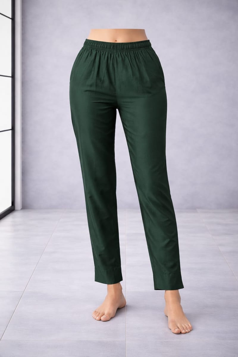 Women’s Bottle Green Metallic Pants Stylish Shimmer Trousers Versatile Bottom Wear for Kurtis & Tunics - Western Wear - front view | Villows DTrendz