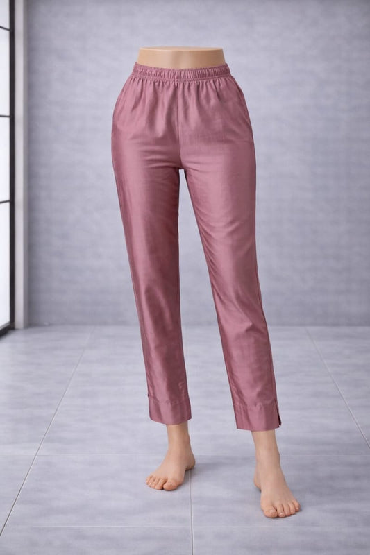 Women’s Dark Onion Pink Metallic Pants Stylish Shimmer Trousers Versatile Bottom Wear for Kurtis & Tunics - Western Wear - front view | Villows DTrendz