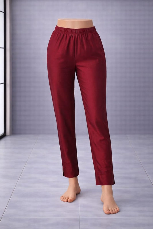 Women’s Maroon Metallic Pants Stylish Shimmer Trousers Versatile Bottom Wear for Kurtis & Tunics - Western Wear - front view | Villows DTrendz