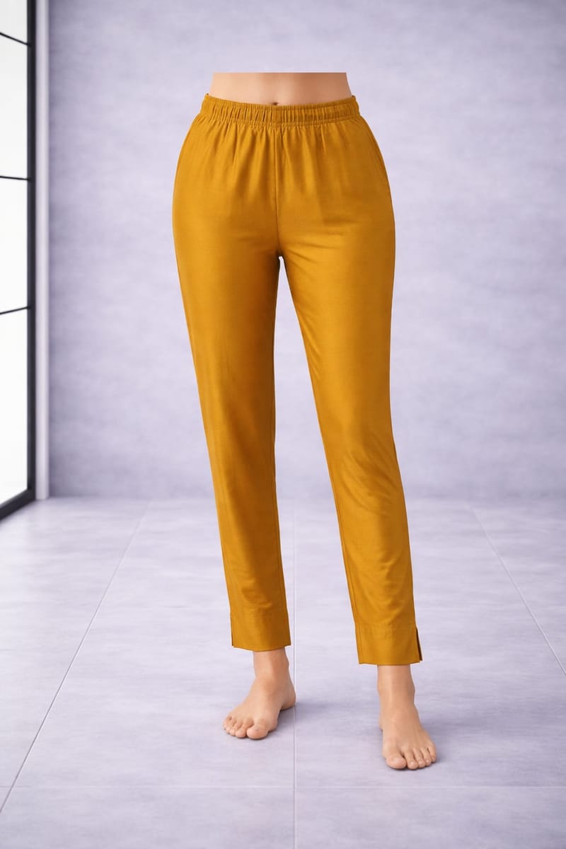 Women’s Mustard Yellow Metallic Pants Stylish Shimmer Trousers Versatile Bottom Wear for Kurtis & Tunics - Western Wear - front view | Villows DTrendz