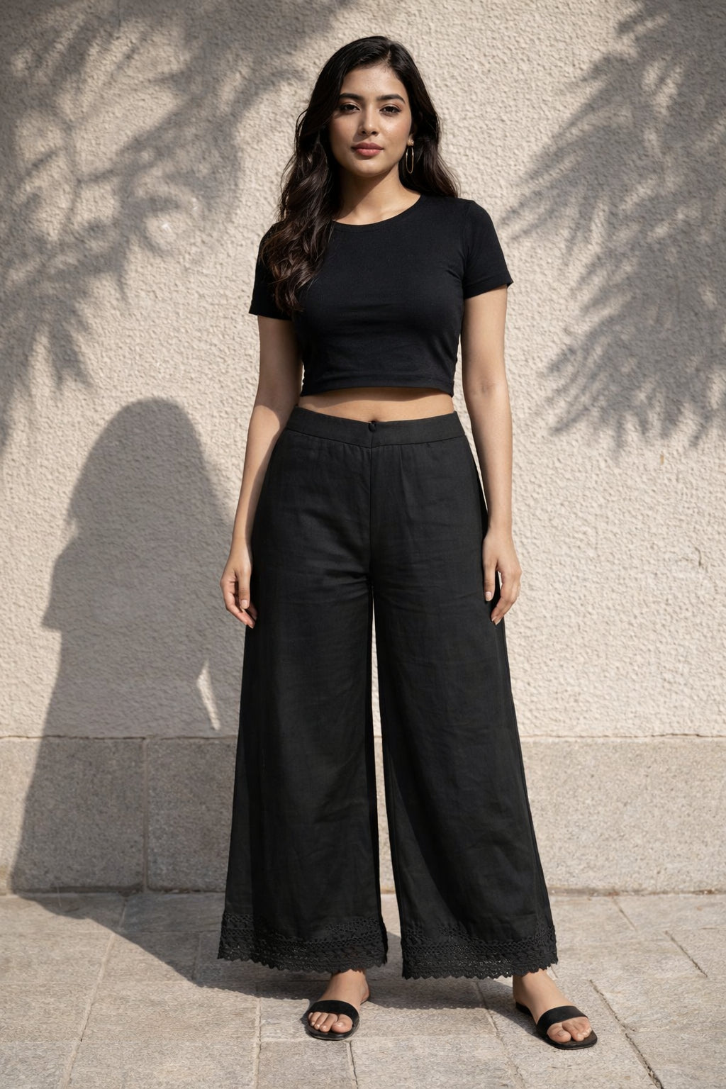 Women’s Black Wide Leg Palazzo Pants Full-Length Versatile Bottom Wear for Kurtis Comfortable Casual Trousers - Indian Ethnic Wear - front view |...