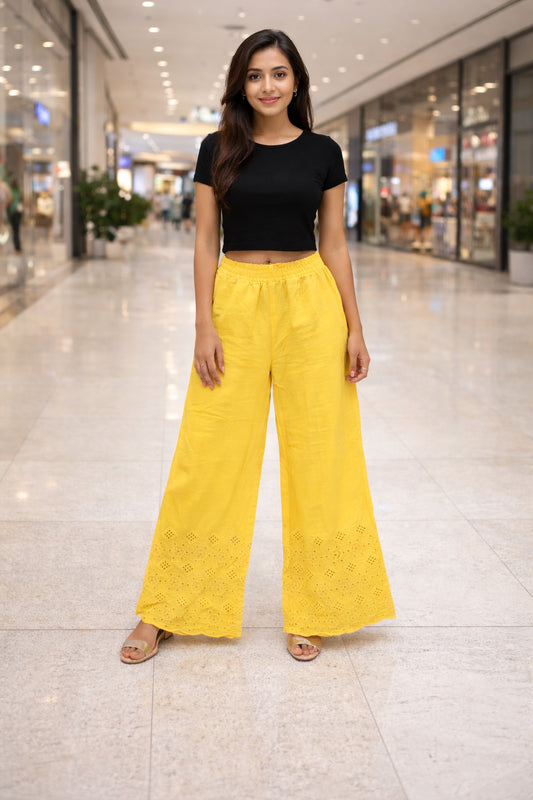 Women’s Mango Yellow Wide Leg Palazzo Pants Full-Length Versatile Bottom Wear for Kurtis Comfortable Casual Trousers - Indian Ethnic Wear - front view...