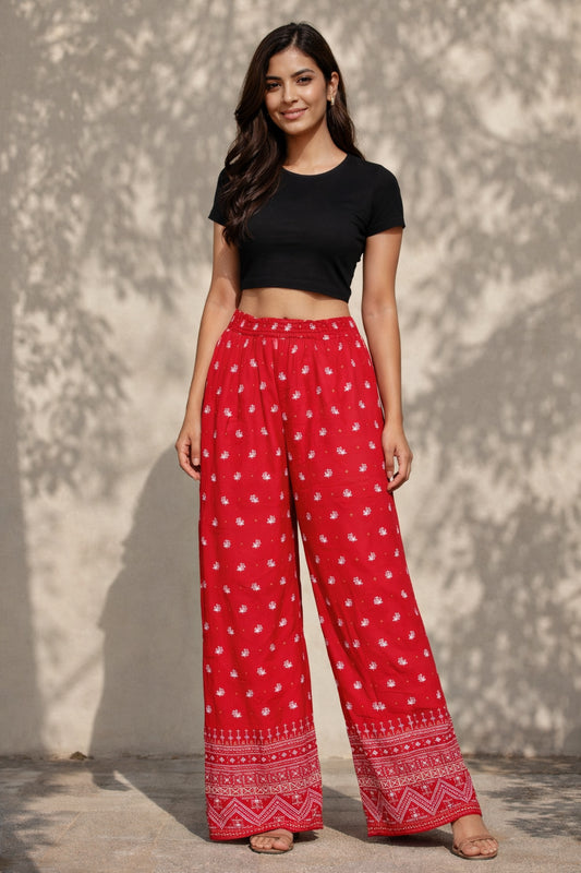 Women’s Maroon Wide Leg Palazzo Pants Full-Length Versatile Bottom Wear for Kurtis Comfortable Casual Trousers - Indian Ethnic Wear - front view |...