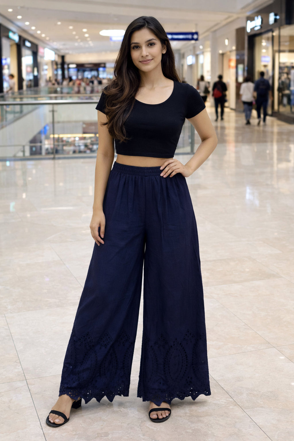 Women’s Navy Blue Wide Leg Palazzo Pants Full-Length Versatile Bottom Wear for Kurtis Comfortable Casual Trousers - Indian Ethnic Wear - front view |...