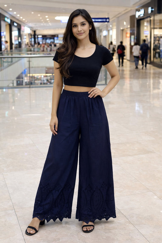 Women’s Navy Blue Wide Leg Palazzo Pants Full-Length Versatile Bottom Wear for Kurtis Comfortable Casual Trousers - Indian Ethnic Wear - front view |...