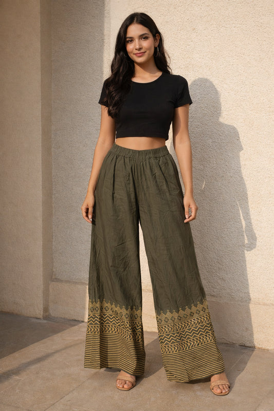 Women’s Olive Green Wide Leg Palazzo Pants Full-Length Versatile Bottom Wear for Kurtis Comfortable Casual Trousers - Indian Ethnic Wear - front view |...