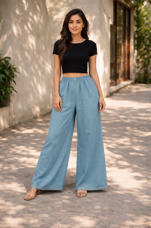 Women’s Sky Blue Wide Leg Palazzo Pants Full-Length Versatile Bottom Wear for Kurtis Comfortable Casual Trousers - Indian Ethnic Wear - front view |...