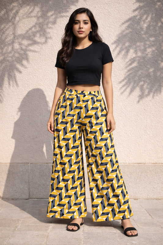 Women’s Yellow Wide Leg Palazzo Pants Full-Length Versatile Bottom Wear for Kurtis Comfortable Casual Trousers - Indian Ethnic Wear - front view |...