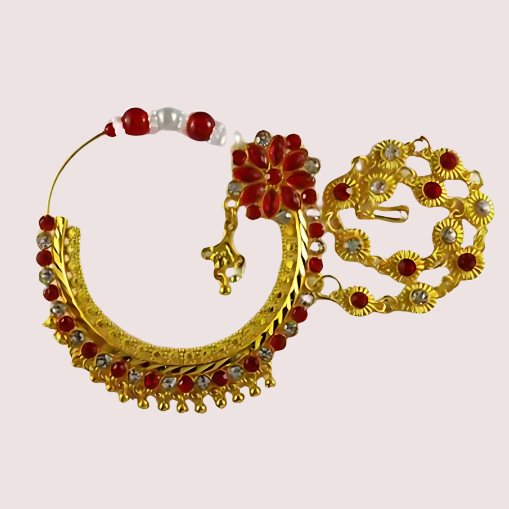 Women's Golden Designer Nose Ring, Opulent Golden Bridal Nath - Apparel - close-up detail view | Snazzyway