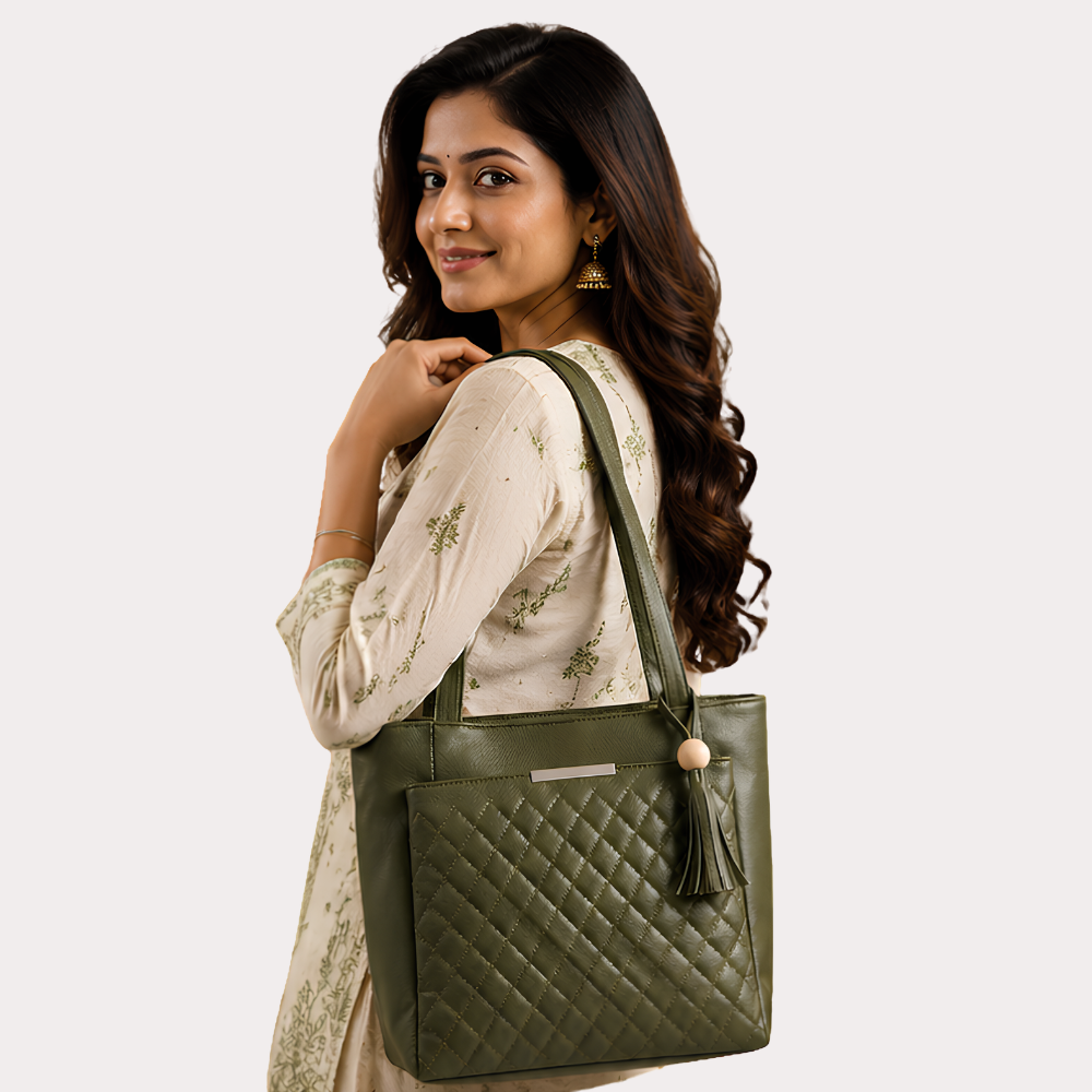 Women's Olive Green Quilted Tote Bag, Refined Olive Carryall Purse - Apparel - close-up detail view | Snazzyway