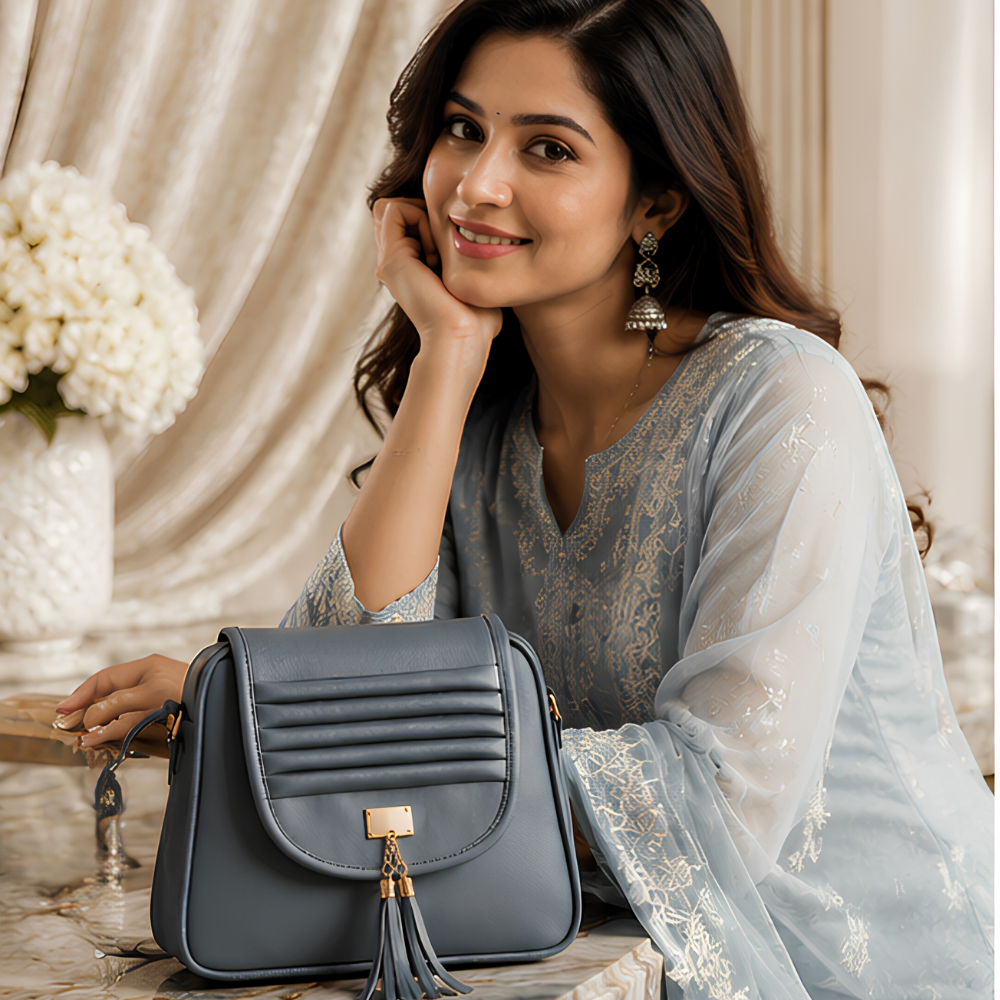 Women's Grey Designer Sling Bag, Exquisite Midnight Crossbody Purse - Uncategorized - front view | Snazzyway
