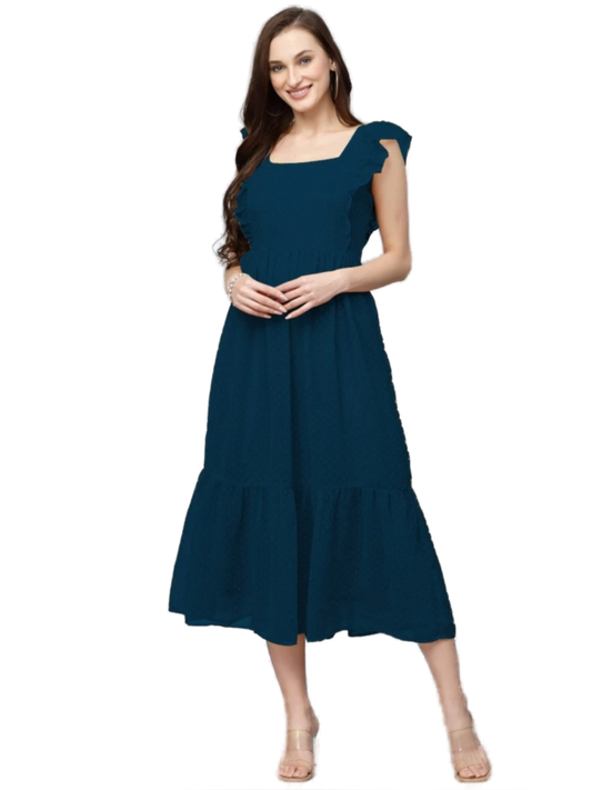 Women’s Peacock Blue Indo-Western Georgette Gown Elegant Long Flared Ethnic Dress Party, Festive & Wedding Wear - Western Wear - front view | Villows...