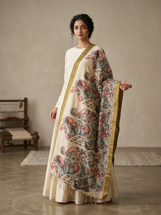 Pen Kalamkari Dupatta - Cream - Indian Ethnic Wear - front view | Villows DTrendz