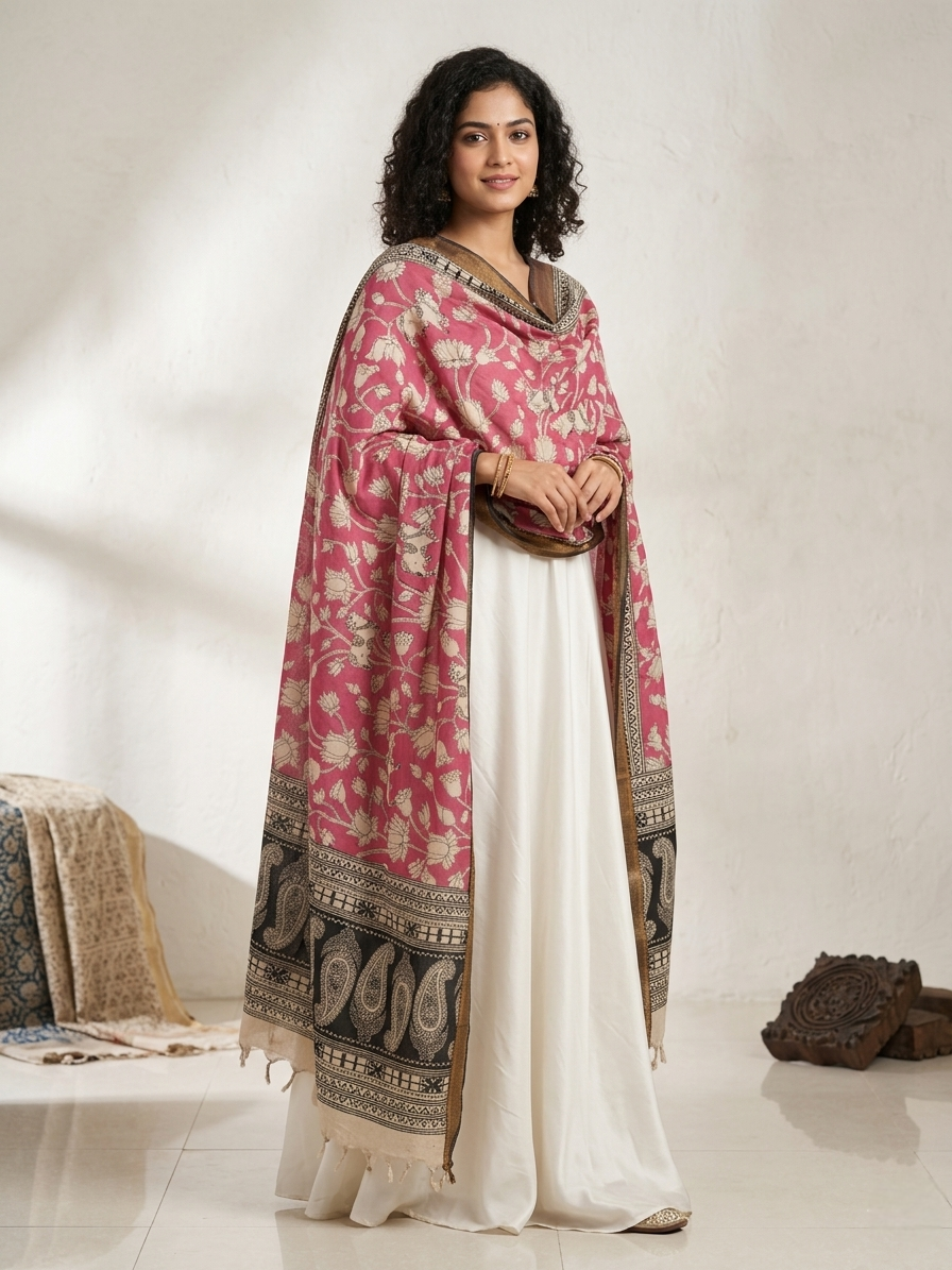 Pen Kalamkari Dupatta - Pink - Indian Ethnic Wear - front view | Villows DTrendz