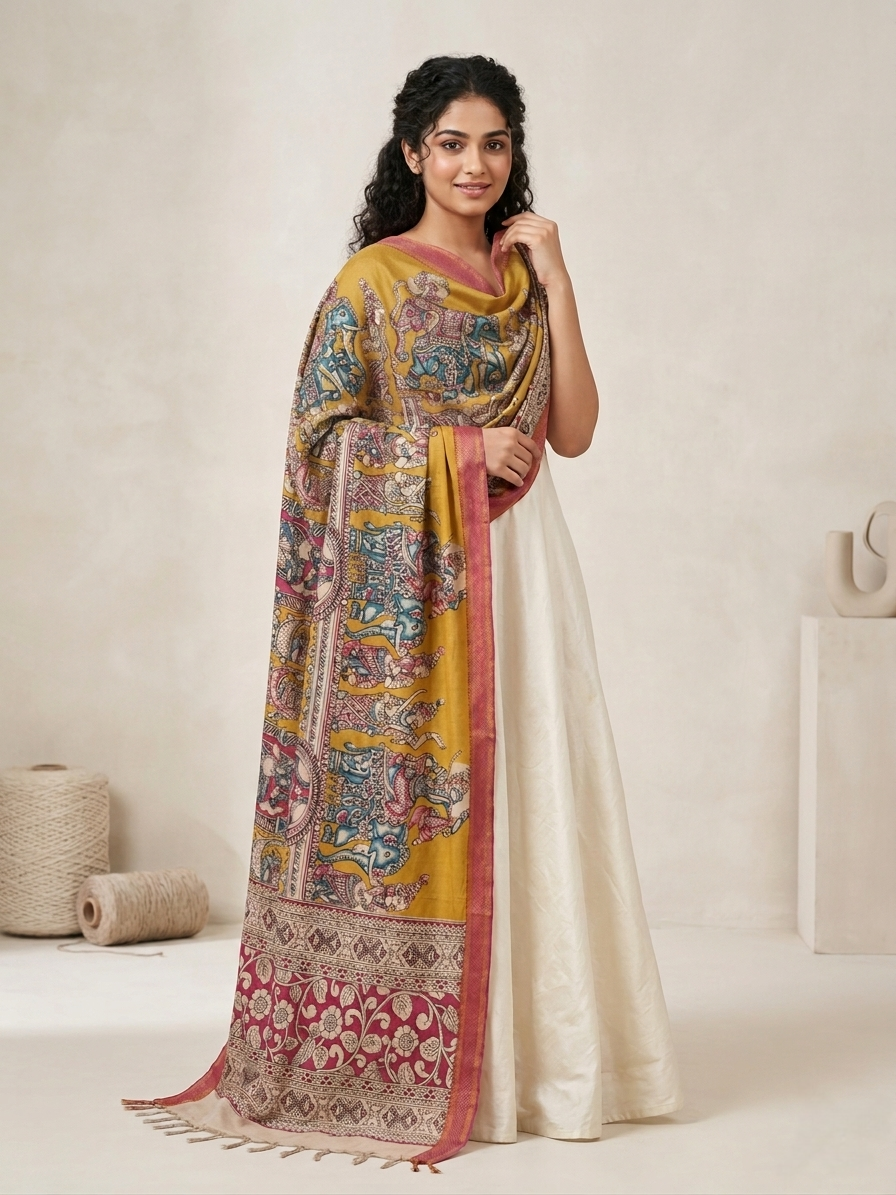 Pen Kalamkari Dupatta - Mustard Yellow - Indian Ethnic Wear - front view | Villows DTrendz