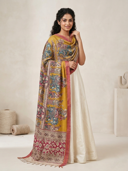Pen Kalamkari Dupatta - Mustard Yellow - Indian Ethnic Wear - front view | Villows DTrendz