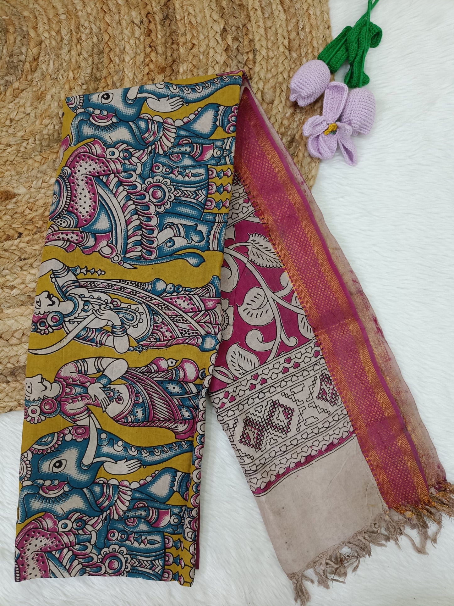 Pen Kalamkari Dupatta - Mustard Yellow - Indian Ethnic Wear - close-up detail view | Villows DTrendz