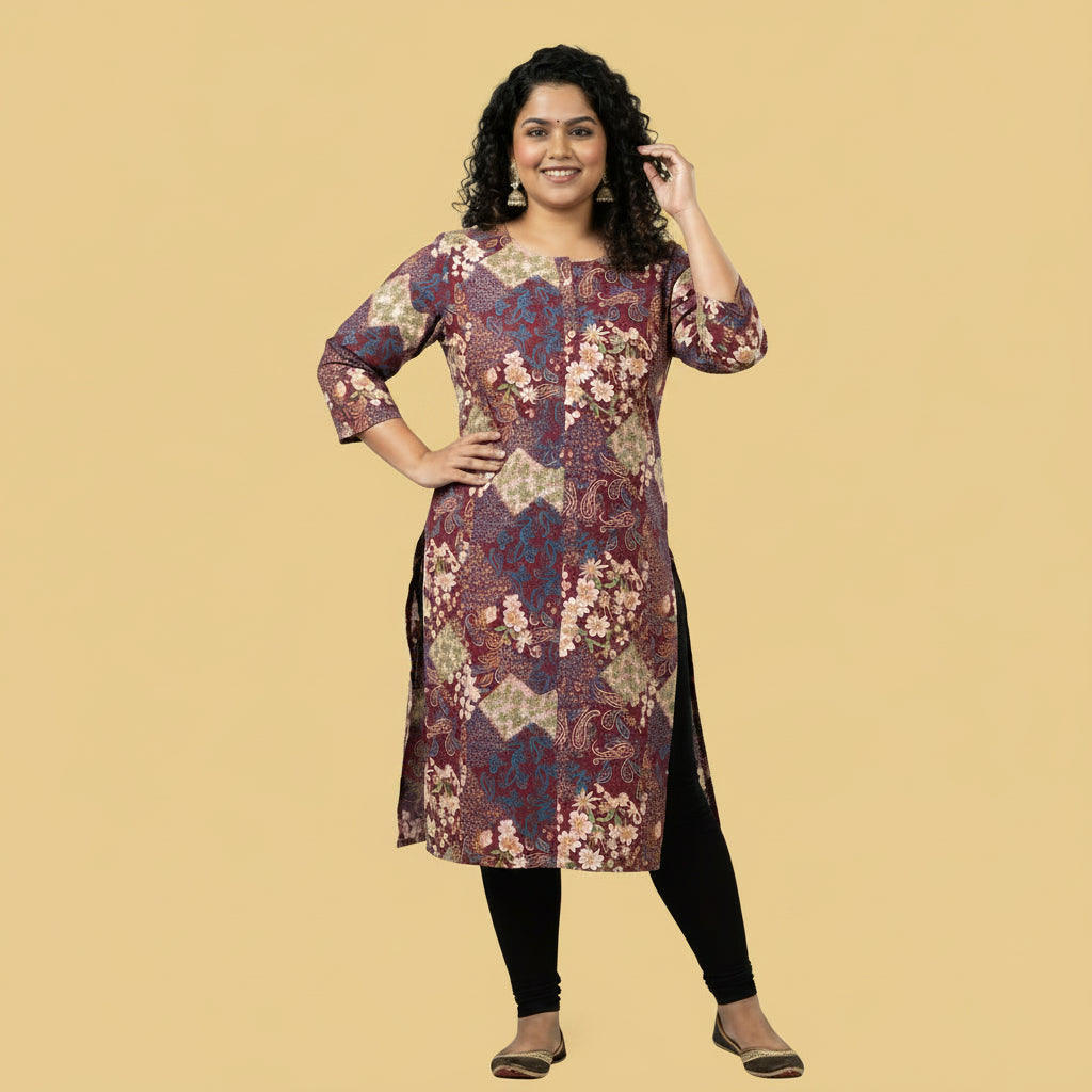 Plus Size - Maroon - Indian Ethnic Wear - front view | Villows DTrendz