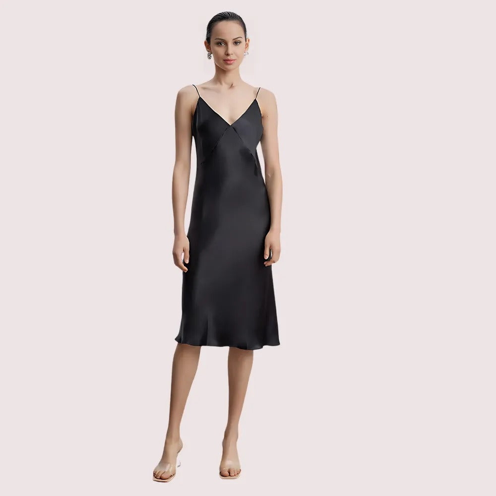 Women's Black Silk Dress, Elegant Black Evening Wear - Apparel - front view | Snazzyway