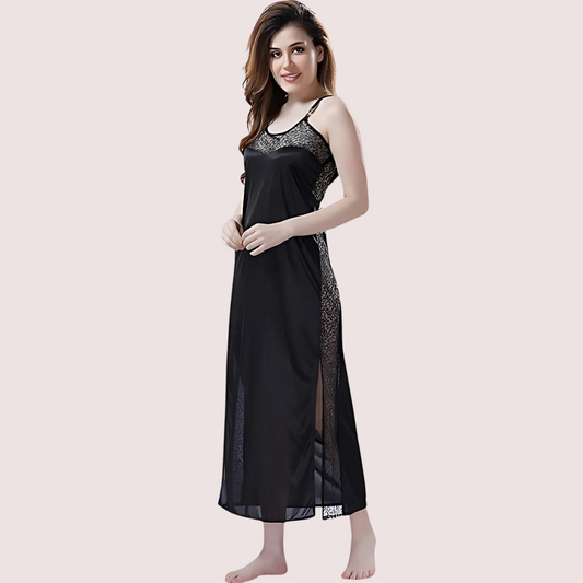 Women's Dark Black Lace Nightgown, Chic Dark Sleepwear - Apparel - front view | Snazzyway