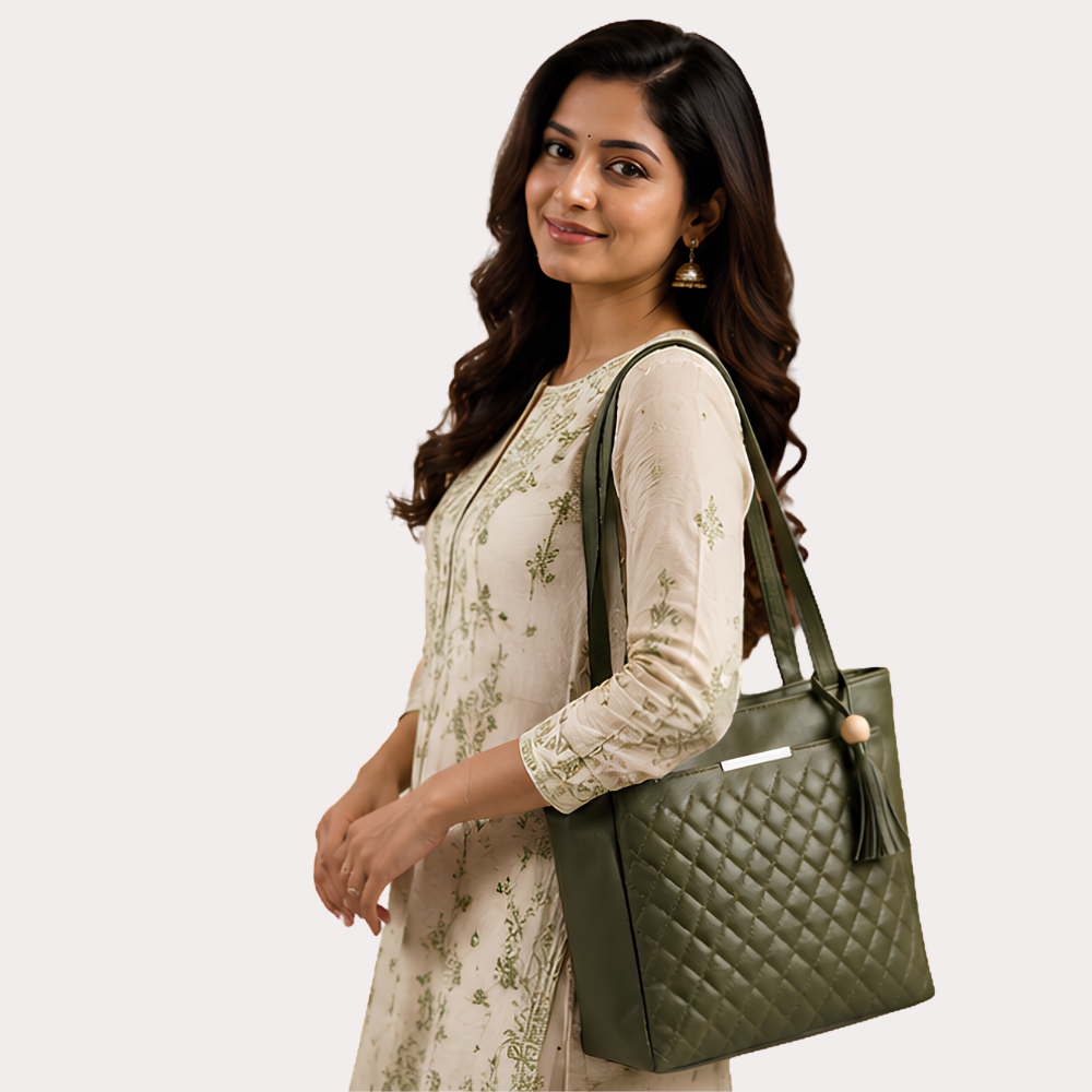 Women's Olive Green Quilted Tote Bag, Refined Olive Carryall Purse - Apparel - front view | Snazzyway